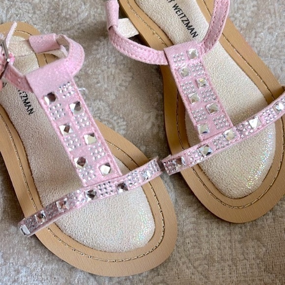 Brand New Stuart Weitzman Rose Pink Ankle Strap Padded Girls Sandals Beaded Gems - Picture 12 of 15